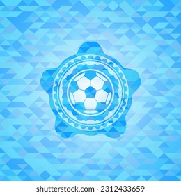 football ball icon inside realistic light blue mosaic emblem. 