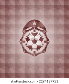 football ball icon inside red badge with geometric pattern. Seamless. 
