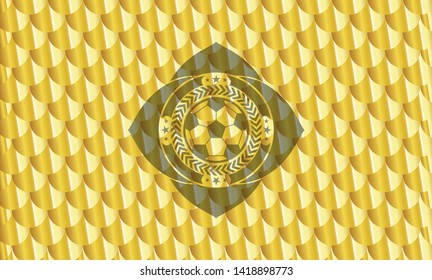 football ball icon inside shiny golden badge. Scales pattern. Vector Illustration. Detailed.