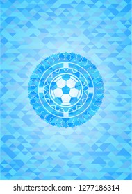 football ball icon inside sky blue emblem with triangle mosaic background