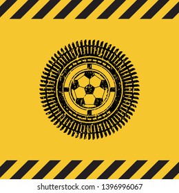 football ball icon inside warning sign, black grunge emblem. Vector Illustration. Detailed.