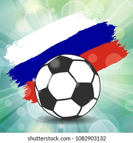 football ball icon on Russian flag background from brush strokes in grunge style on flash rays green background