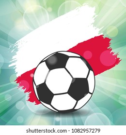 football ball icon with Polish flag from brush strokes in grunge style on flash rays green background