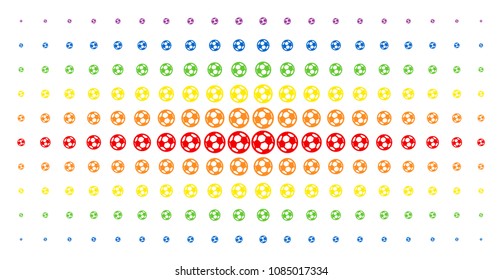 Football ball icon spectrum halftone pattern. Vector football ball shapes are arranged into halftone array with vertical rainbow colors gradient. Designed for backgrounds, covers,