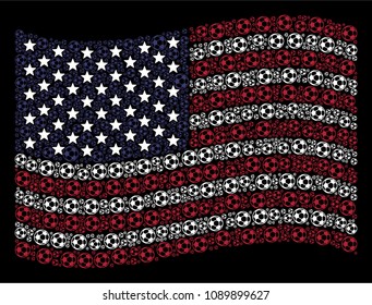 Football ball icons are arranged into waving USA flag mosaic on a dark background. Vector concept of USA state flag is made of football ball items. Designed for political and patriotic agitprop.