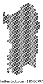 Football ball Italian Sardinia Island map. Vector territorial scheme on a white background. Abstract Italian Sardinia Island map composition is combined with soccer balls.