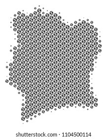 Football ball Ivory Coast map. Vector territorial scheme in grey color. Abstract Ivory Coast map collage is designed with soccer spheres. Mosaic pattern is based on hex tile array.