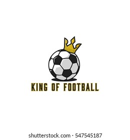 Football ball logo in gold crown, lettering t-shirt print soccer cartoon emblem mockup, sport tournament sticker.