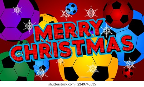 Football ball with Merry Christmas text. Cartoon sport poster.