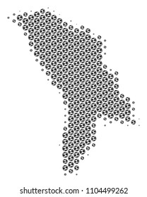 Football ball Moldova map. Vector geographic plan in gray color. Abstract Moldova map collage is constructed from soccer balls. Mosaic pattern is based on hex-tile grid.