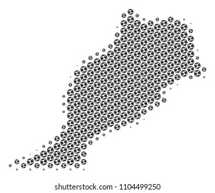 Football ball Morocco map. Vector territorial plan in grey color. Abstract Morocco map composition is done of soccer balls. Mosaic pattern is based on hex tile array.