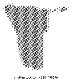 Football ball Namibia map. Vector geographic plan in grey color. Abstract Namibia map mosaic is done with soccer spheres. Mosaic pattern is based on hex tile grid.