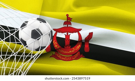 Football ball with the national flag of Brunei. Flag of Kyrgyzstan. Horizontal Realistic waving flag of State of Brunei. Fabric textured flowing flag of Brunei.