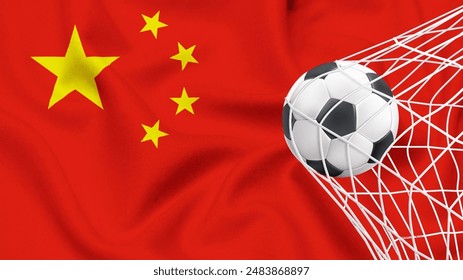 Football ball with the national flag of China. Flag of China. Horizontal Realistic waving flag of State of China. Fabric textured flowing flag of China. vector illustrator