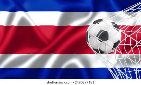 Fútbol con la bandera nacional de Costa Rica. Bandera de Costa Rica . Horizontal Realista ondeando la bandera del Estado de Costa Rica. Tela texturizada que fluye la bandera de Costa Rica. Vector ilustrador