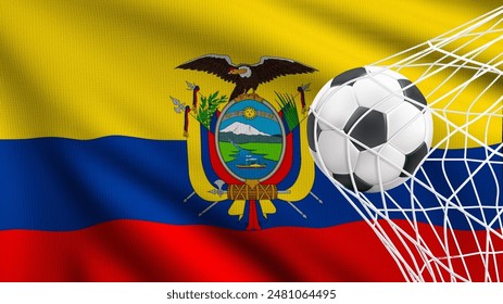 Football ball with the national flag of Ecuador. Flag of Ecuador. Horizontal Realistic waving flag of State of Ecuador. Fabric textured flowing flag of Ecuador. vector illustrator