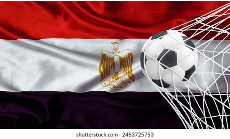 Football ball with the national flag of Egypt. Flag of Egypt. Horizontal Realistic waving flag of State of Egypt. Fabric textured flowing flag of Egypt.