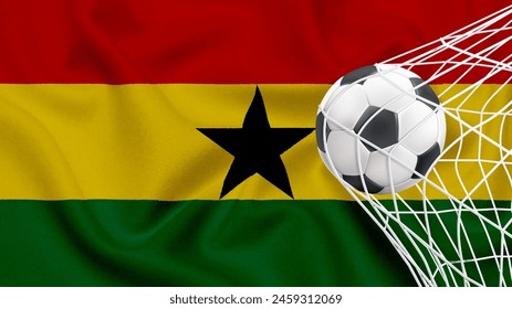 Football ball with the national flag of Ghana. Flag of Ghana. Horizontal Realistic waving flag of State of Ghana. Fabric textured flowing flag of Ghana.