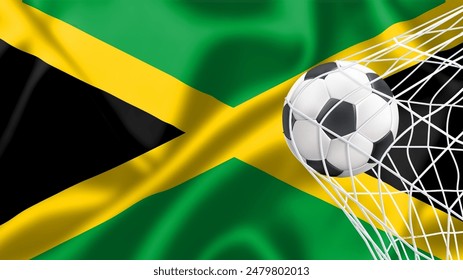 Football ball with the national flag of Jamaica . Flag of Jamaica . Horizontal Realistic waving flag of State of Jamaica . Fabric textured flowing flag of Jamaica . vector illustrator