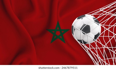 Football ball with the national flag of Morocco. Flag of Morocco. Horizontal Realistic waving flag of State of Morocco. Fabric textured flowing flag of Morocco.