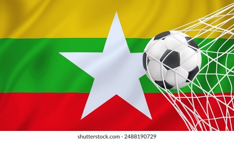 Football ball with the national flag of Myanmar. Flag of Myanmar. Horizontal Realistic waving flag of State of Myanmar. Fabric textured flowing flag of Myanmar. vector illustrator