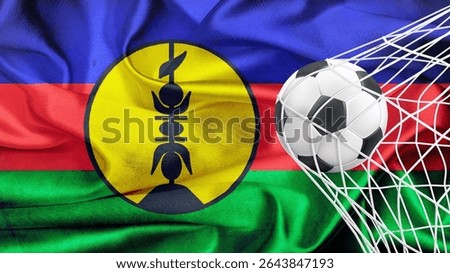 Football ball with the national flag of New Caledonia. Flag of New Caledonia. Horizontal Realistic waving flag of State of New Caledonia. Fabric textured flowing flag of New Caledo. vector illustraton