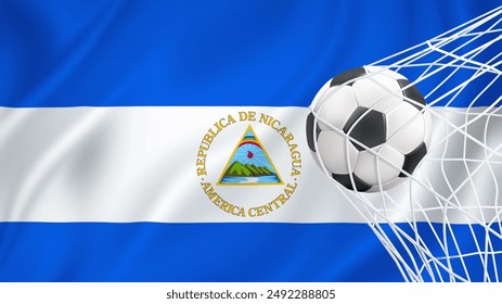 Football ball with the national flag of Nicaragua. Flag of Nicaragua. Horizontal Realistic waving flag of State of Nicaragua. Fabric textured flowing flag of Nicaragua.