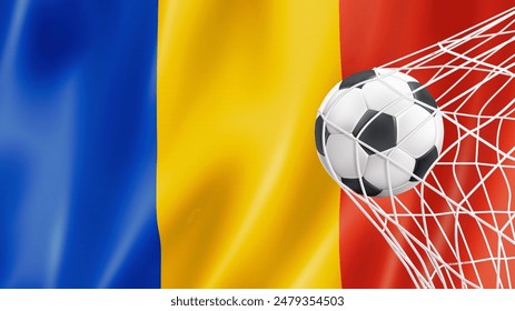 Fútbol con la bandera nacional de Rumania. Bandera de Rumania. Horizontal Realista ondeando la bandera del Estado de Rumania. Tela texturizada que fluye la bandera de Rumania. Vector ilustrador