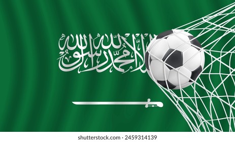 Football ball with the national flag of Saudi Arabia. Flag of Saudi Arabia . Horizontal Realistic waving flag of State of Saudi Arabia. Fabric textured flowing flag of Saudi Arabia's.