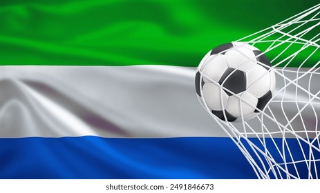 Fußball mit der Nationalflagge von Sierra Leone. Flagge von Sierra Leone. Horizontale realistisch schwenkende Flagge des Staates Sierra Leone. Texturierte fließende Flagge von Sierra Leone.