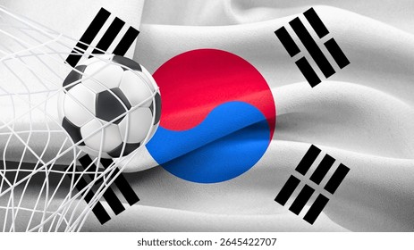 Bola de futebol com a bandeira nacional da Coreia do Sul. Bandeira da Coreia do Sul. Bandeira horizontal realista acenando da República da Coreia. Bandeira texturizada fluindo da república da coreia.