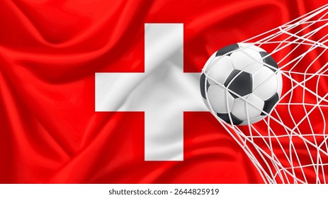 Bola de futebol com a bandeira nacional da suíça. Bandeira da suíça. Bandeira horizontal realista ondulada do Estado da Suíça. Bandeira de fluxo texturizada de tecido da suíça. ilustração de vetor