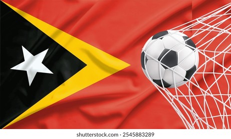 Bola de futebol com a bandeira nacional de timor-leste. Bandeira de timor-leste. Bandeira realista horizontal do Estado de timor-leste. Bandeira de fluxo texturizada de tecido timor-leste.