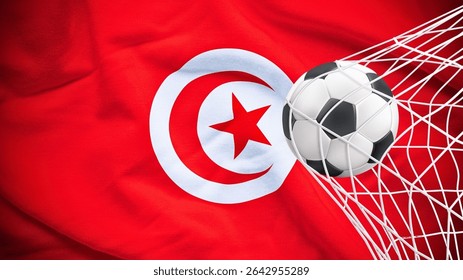 Football ball with the national flag of Tunisia. Flag of Tunisia. Horizontal Realistic waving flag of State of Tunisia. Fabric textured flowing flag of Tunisia. vector illustraton