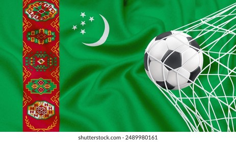 Football ball with the national flag of Turkmenistan. Flag of Turkmenistan. Horizontal Realistic waving flag of State of Turkmenistan. Fabric textured flowing flag of Turkmenistan. vector illustrator