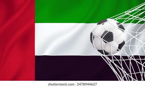 Fußball mit der Nationalflagge der VAE. Flagge der VAE. Horizontale realistisch schwenkende Flagge des Staates der VAE. Texturierte fließende Flagge der VAE. Vektorgrafik Illustrator