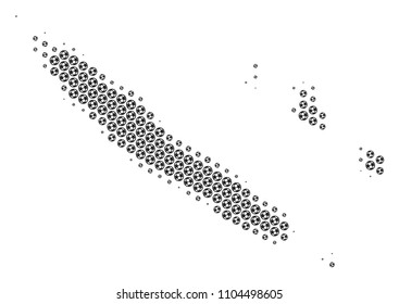 Football ball New Caledonia Islands map. Vector territory plan in grey color. Abstract New Caledonia Islands map collage is composed of soccer balls. Mosaic pattern is based on hex tile grid.