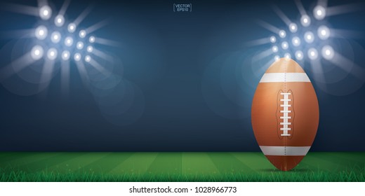 Football ball on american football field stadium background. With perspective line pattern of american football field. Vector illustration.