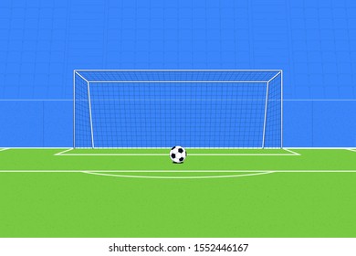 Football Ball on the background of the football goal and the stands. Soccer concept. Vector illustration