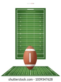 Football ball on football field with line pattern area for background. Perspective views of football field. Vector illustration.