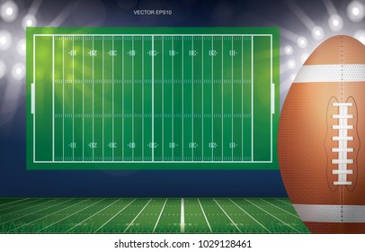 Football ball on football field stadium background with layout plan of football field. Football field with perspective line pattern. Vector illustration.