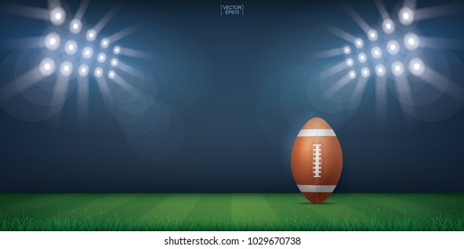 Football ball on football field stadium background. With perspective line pattern of american football field. Vector illustration.