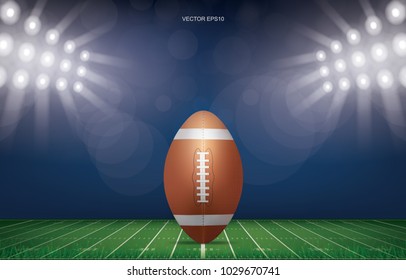 Football ball on football field stadium background. With perspective line pattern of american football field. Vector illustration.