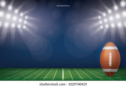 Football ball on football field stadium background. With perspective line pattern of american football field. Vector illustration.