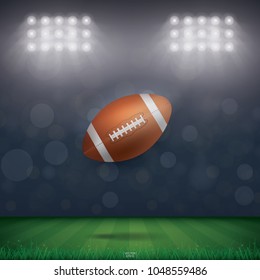 Football ball on football field stadium background. Vector illustration.