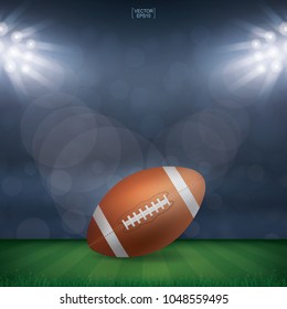 Football ball on football field stadium background. Vector illustration.
