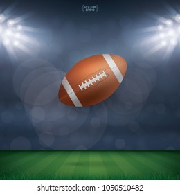 Football ball on football field stadium background. Vector illustration.