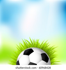 Football ball on the grass against green & blue background, vector.