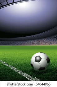 Football ball on the grass on the stadium with lights, vector illustration with copy space