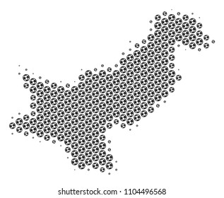 Football ball Pakistan map. Vector geographic plan in grey color. Abstract Pakistan map collage is constructed from soccer balls. Mosaic pattern is based on hex-tile matrix.